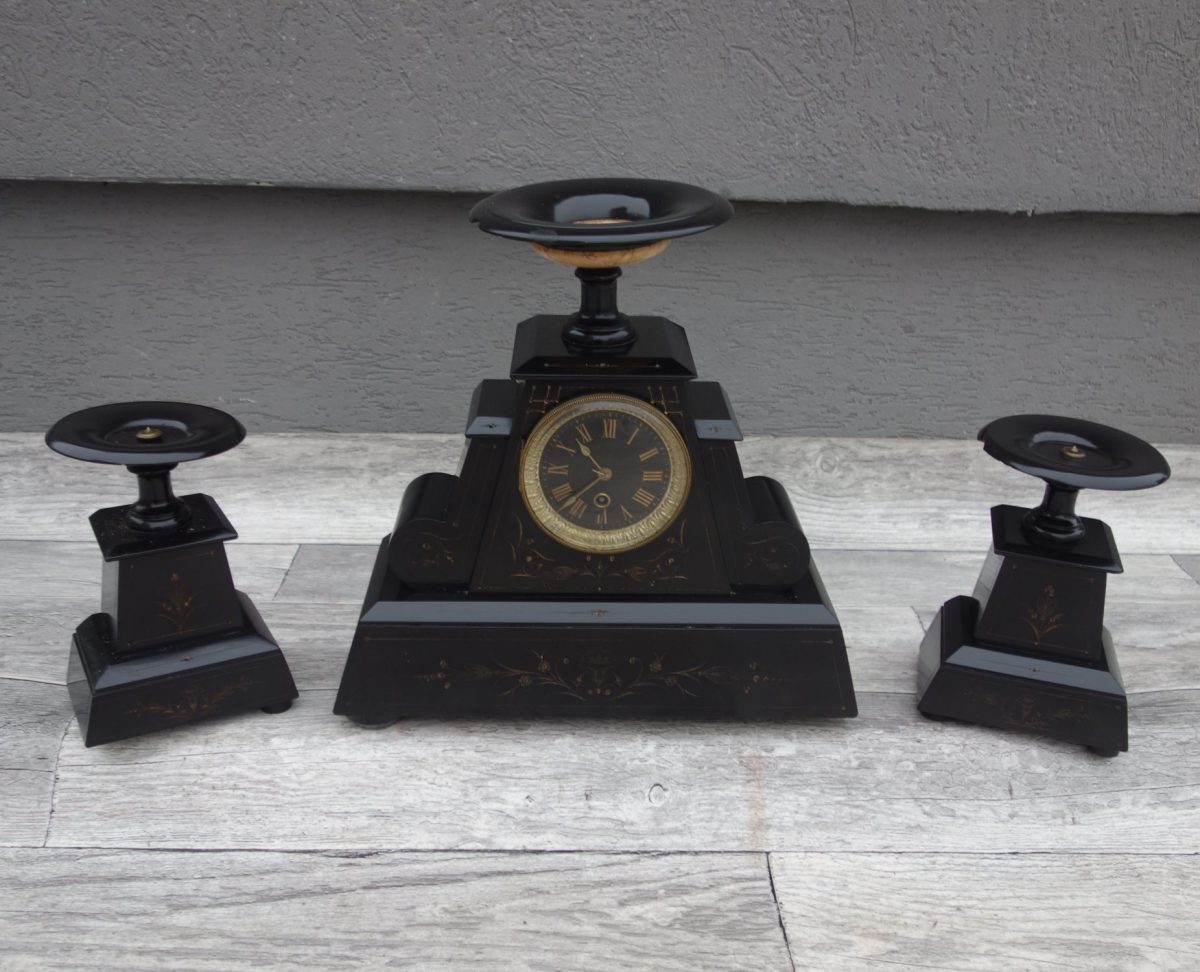 Súprava   starožitná    čiernych   mramorových   hodín – Obrázok 2